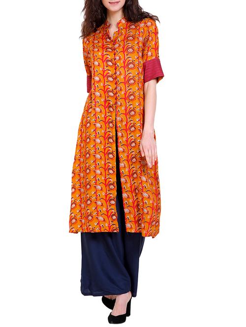 orange rayon high-slit kurta - 14872457 - Very Small Image - 1