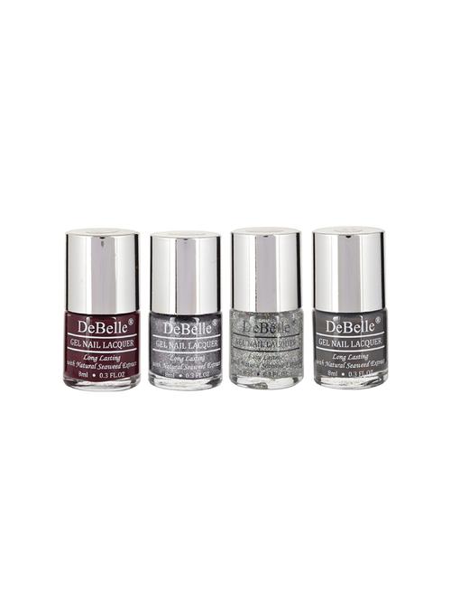 debelle gel nail lacquer (dark maroon,silver grey glitteratti,shimmer top coat & dark brown) - 14873089 - Very Small Image - 1