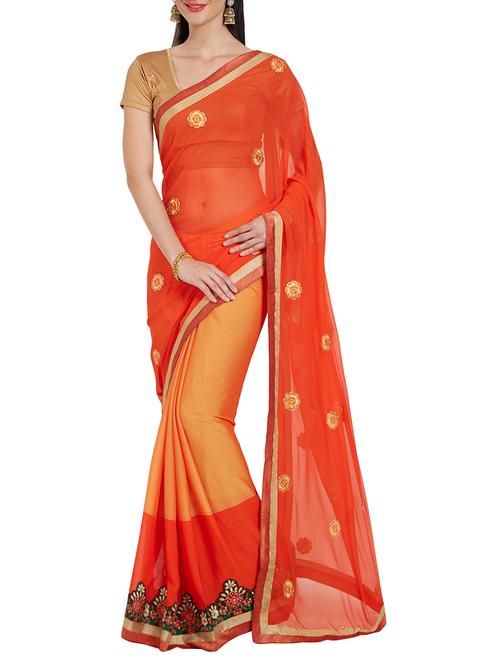 orange georgette embroidered saree with blouse - 14876957 - Very Small Image - 1
