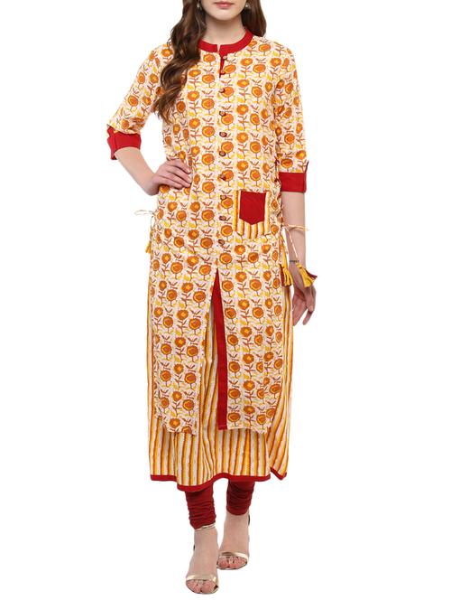 yellow cotton layered kurta - 14877695 - Very Small Image - 1