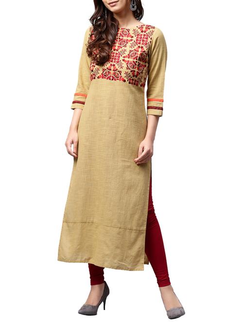 beige cotton straight kurta - 14878244 - Very Small Image - 1