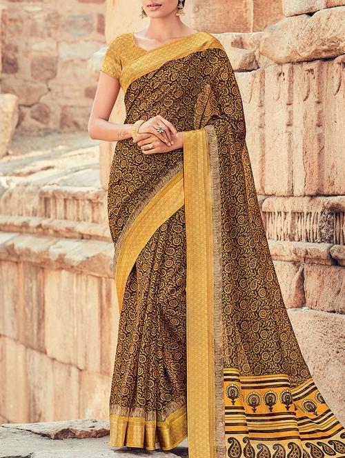 brown kota silk printed saree with blouse - 14881209 - Very Small Image - 1