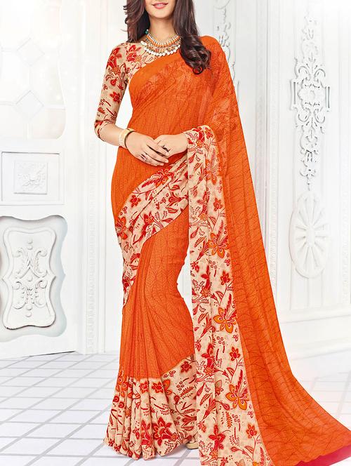 orange cotton printed saree with blouse - 14881269 - Very Small Image - 1