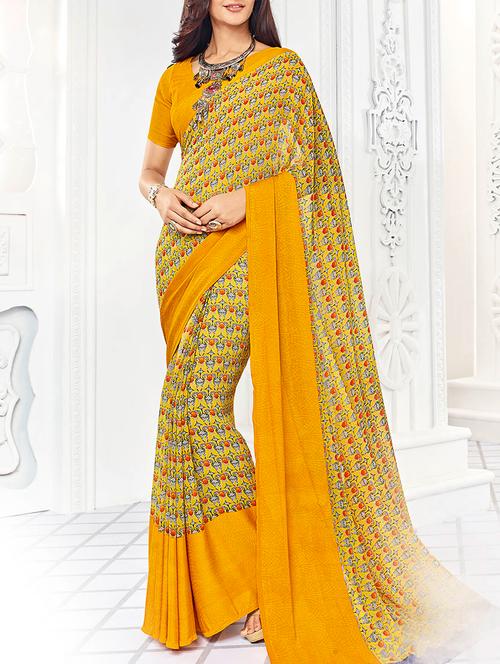 yellow satin printed saree with blouse - 14881271 - Very Small Image - 1