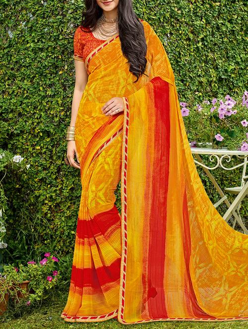 yellow georgette printed saree with blouse - 14881288 - Very Small Image - 1