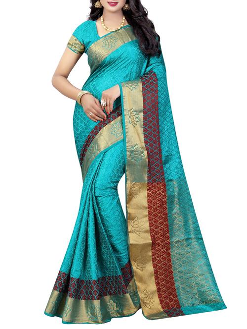 turquoise silk woven saree with blouse - 14881907 - Very Small Image - 1