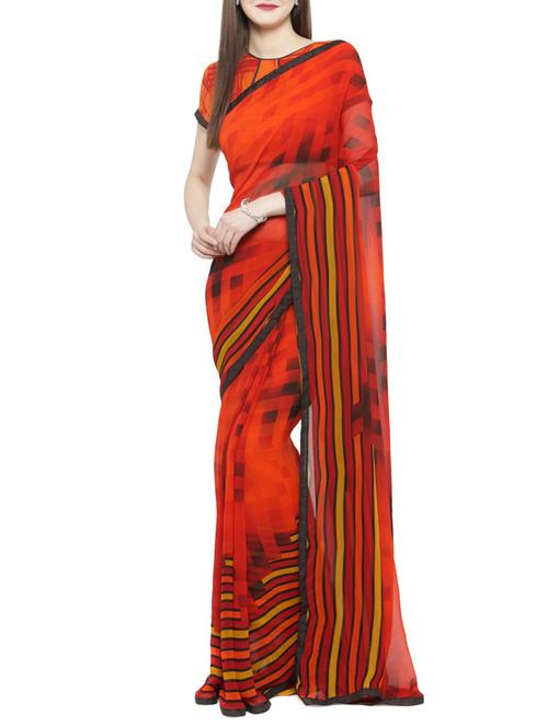 orange georgette printed saree with blouse - 14884116 - Very Small Image - 1