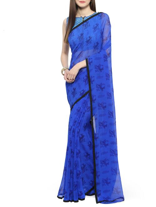 blue georgette printed saree with blouse - 14884131 - Very Small Image - 1