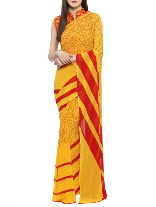 yellow georgette printed saree with blouse - 14884153 - Very Small Image - 1