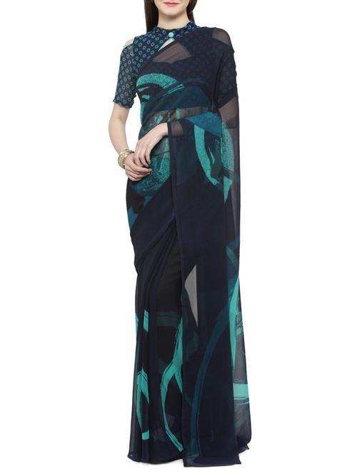 blue georgette printed saree with blouse - 14884156 - Very Small Image - 1