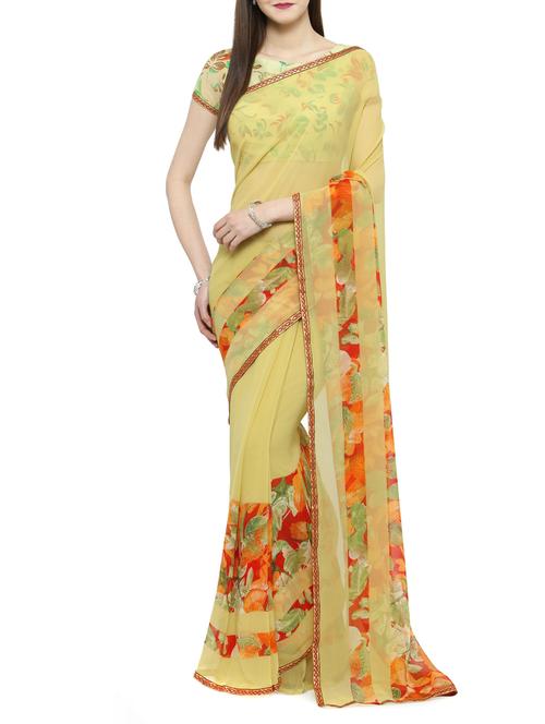 beige georgette printed saree with blouse - 14884164 - Very Small Image - 1