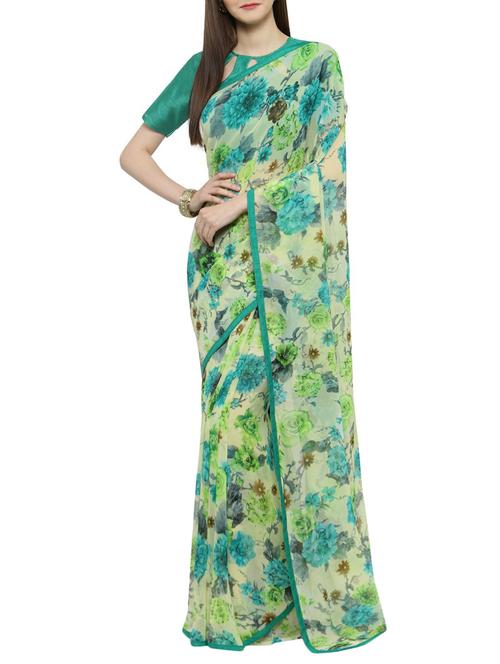 floral printed saree with blouse - 14884170 - Very Small Image - 1