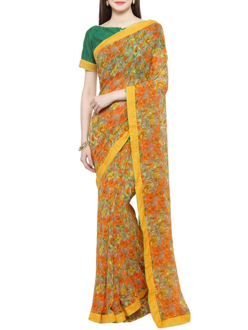 yellow georgette printed saree with blouse - 14884182 - Very Small Image - 1