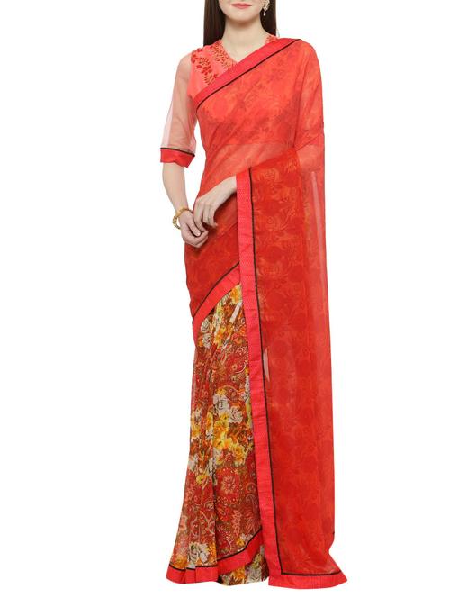 red georgette printed saree with blouse - 14884205 - Very Small Image - 1
