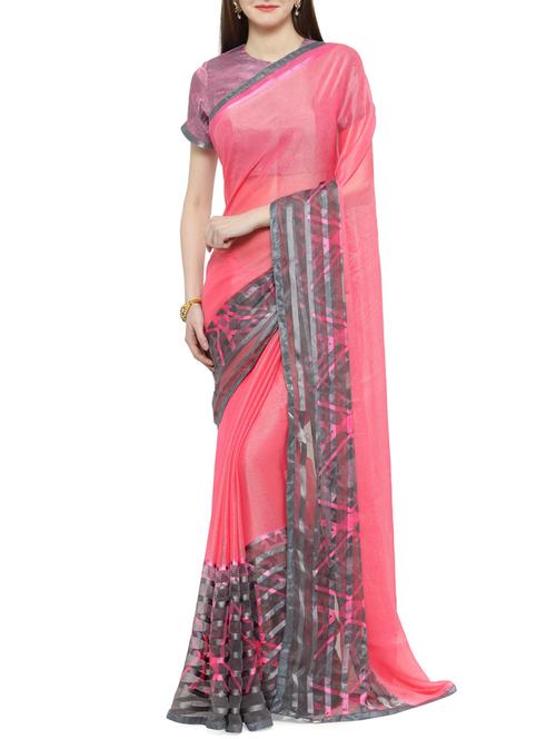 pink silk printed saree with blouse - 14884216 - Very Small Image - 1