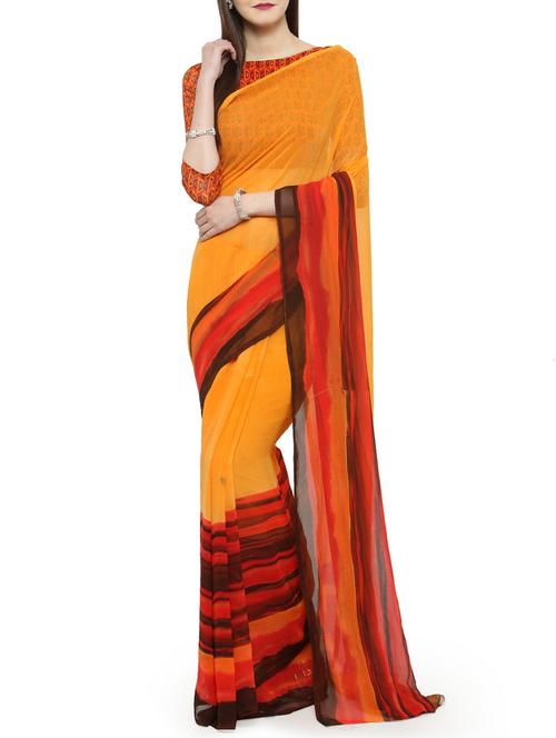 yellow georgette printed saree with blouse - 14884236 - Very Small Image - 1