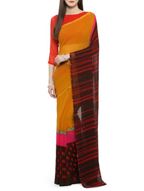 yellow georgette printed saree with blouse - 14884240 - Very Small Image - 1