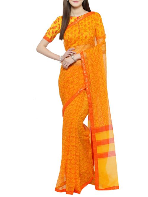 yellow cotton printed saree with blouse - 14884258 - Very Small Image - 1