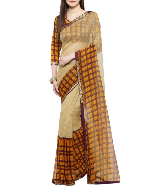 checkered border printed saree with blouse - 14884263 - Very Small Image - 1