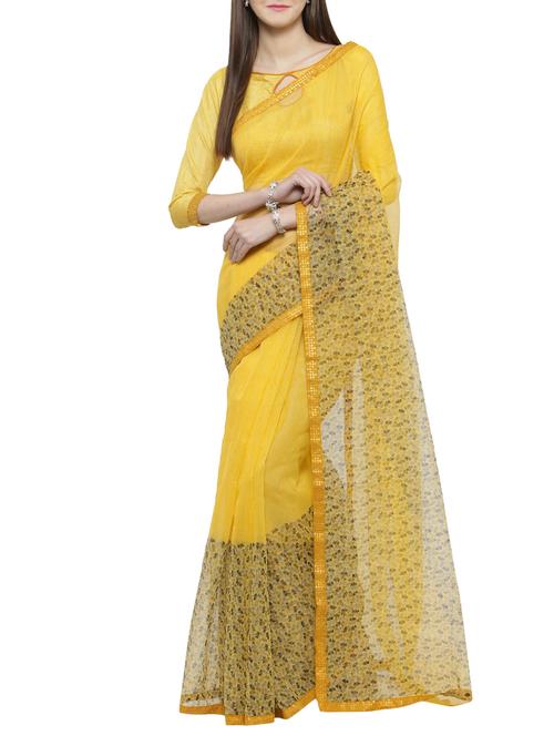 yellow cotton printed saree with blouse - 14884266 - Very Small Image - 1