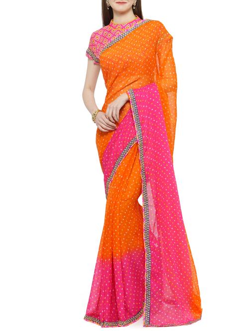 orange chiffon bandhani saree with blouse - 14884276 - Very Small Image - 1