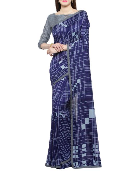 blue silk printed saree with blouse - 14884313 - Very Small Image - 1