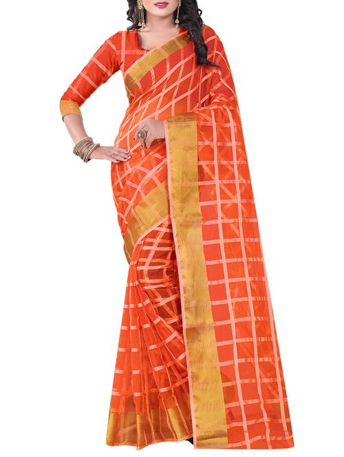 orange cotton blend saree with blouse - 14884852 - Very Small Image - 1