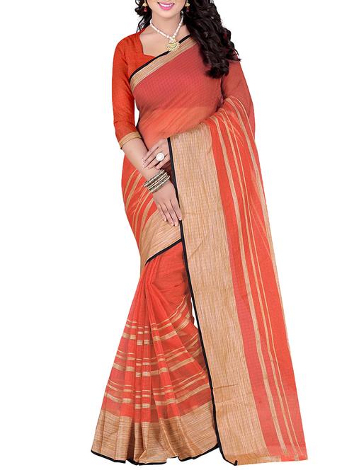 orange cotton blend saree with blouse - 14884866 - Very Small Image - 1