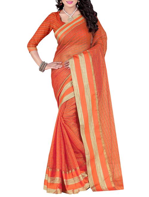 orange cotton blend saree with blouse - 14884869 - Very Small Image - 1