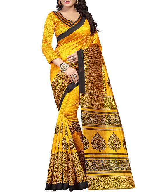 yellow art silk printed saree with blouse - 14887054 - Very Small Image - 1