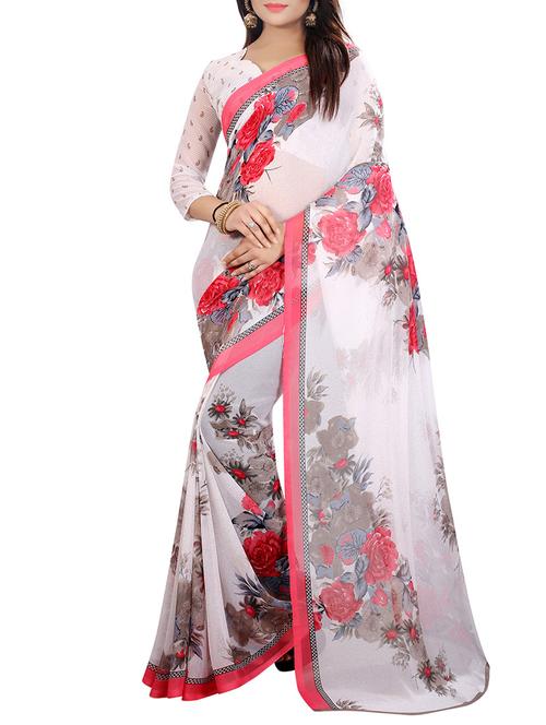 white printed saree with blouse - 14887055 - Very Small Image - 1