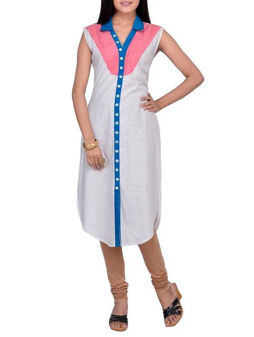 white cotton asymmetric kurta - 14887139 - Very Small Image - 1