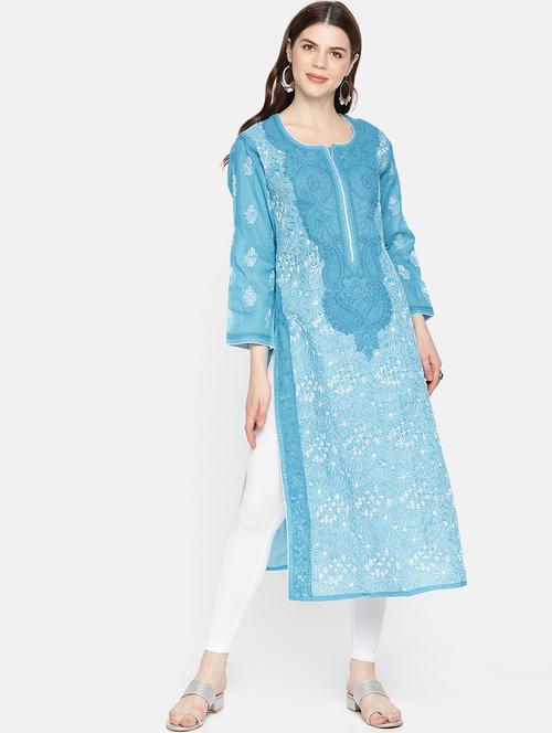 ada hand embroidered blue cotton lucknowi chikan kurta - 14887141 - Very Small Image - 1