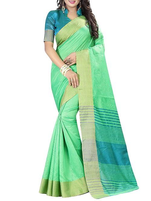green cotton bordered saree with blouse - 14887262 - Very Small Image - 1