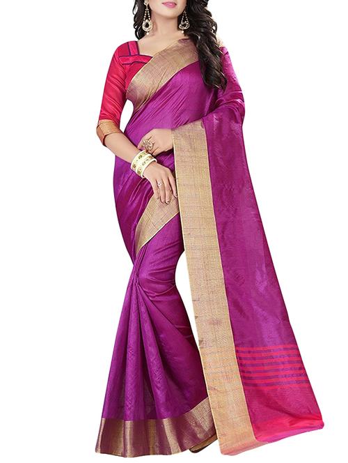 purple cotton bordered saree with blouse - 14887264 - Very Small Image - 1