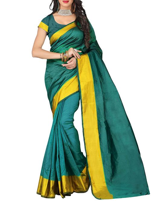turquoise cotton silk bordered saree with blouse - 14887309 - Very Small Image - 1