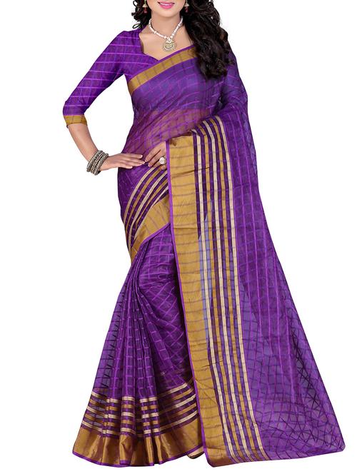 purple cotton blend saree with blouse - 14887326 - Very Small Image - 1