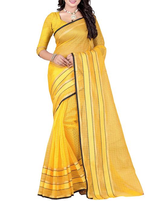 yellow cotton blend saree with blouse - 14887333 - Very Small Image - 1