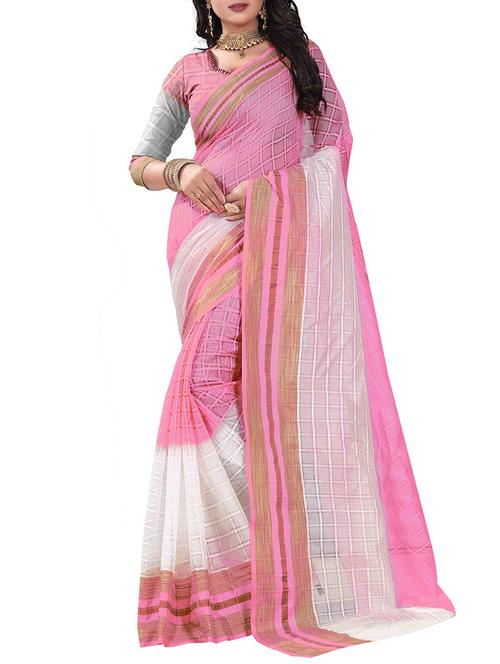 pink cotton blend saree with blouse - 14887360 - Very Small Image - 1