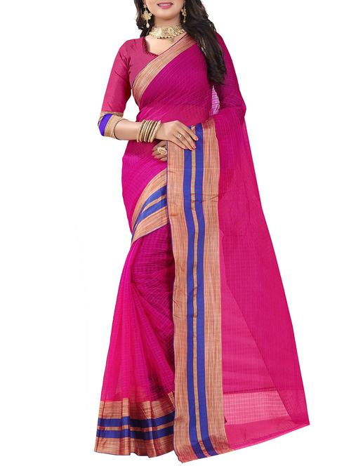 pink cotton blend saree with blouse - 14887368 - Very Small Image - 1