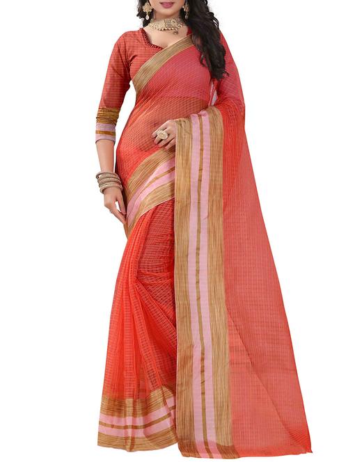 orange cotton blend saree with blouse - 14887370 - Very Small Image - 1