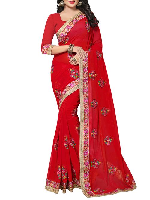 red georgette embroidered saree with blouse - 14888800 - Very Small Image - 1