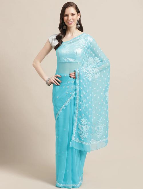 light blue chikankari saree with blouse - 14889395 - Very Small Image - 1