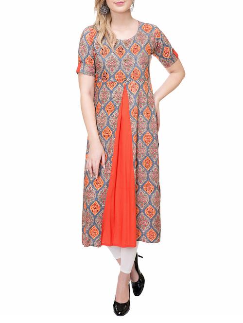 orange viscose aline kurta - 14889574 - Very Small Image - 1