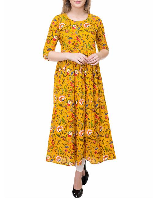 yellow cotton flared kurta - 14889592 - Very Small Image - 1