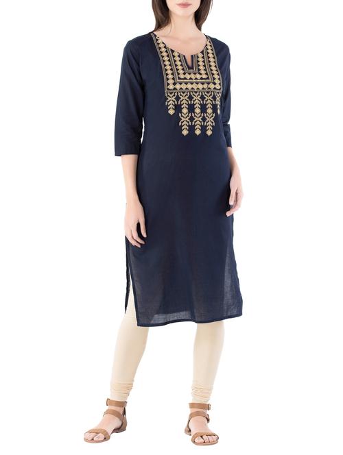 navy blue cotton straight kurta - 14889733 - Very Small Image - 1