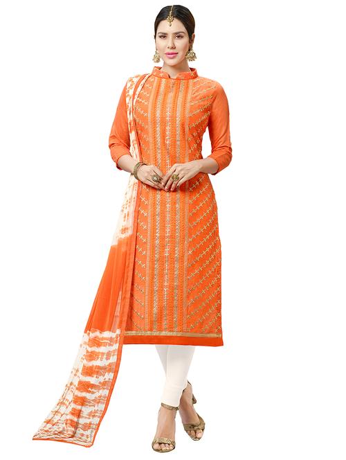 orange chanderi cotton unstitched suit - 14890041 - Very Small Image - 1