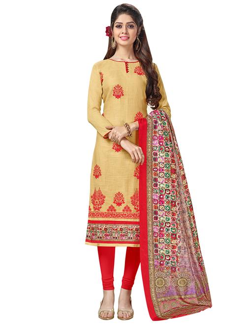 beige cotton unstitched suit - 14890056 - Very Small Image - 1