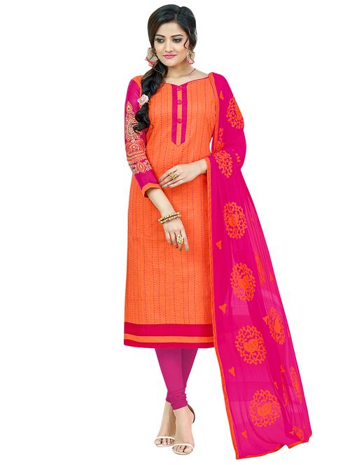 orange cotton unstitched suit - 14890072 - Very Small Image - 1