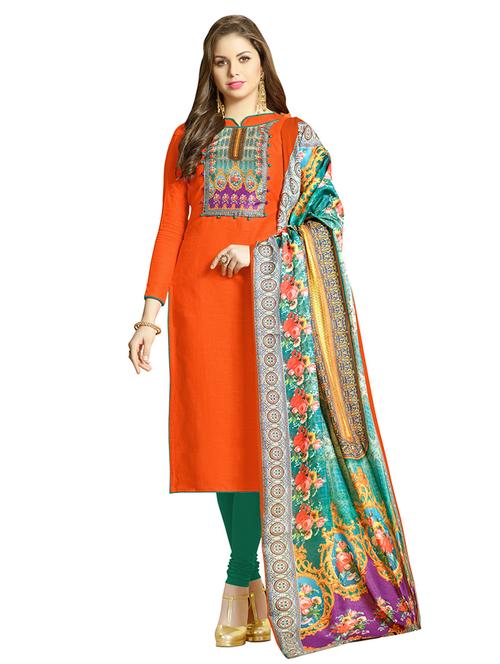 orange cotton unstitched suit - 14890078 - Very Small Image - 1